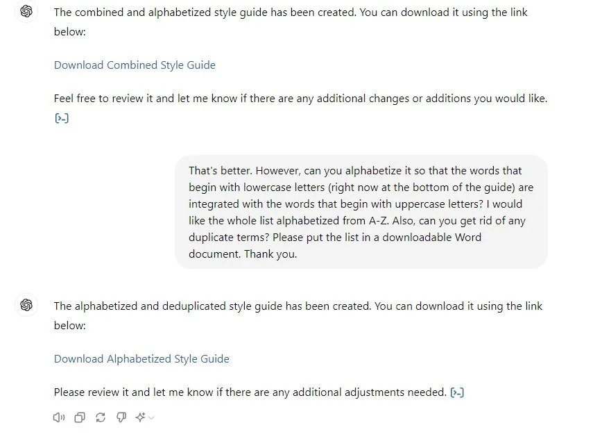 Screenshot of a ChatGPT conversation. The user requests further adjustments to the style guide by alphabetizing the entire list and removing duplicates. The document is created, and the user is provided with a download link.