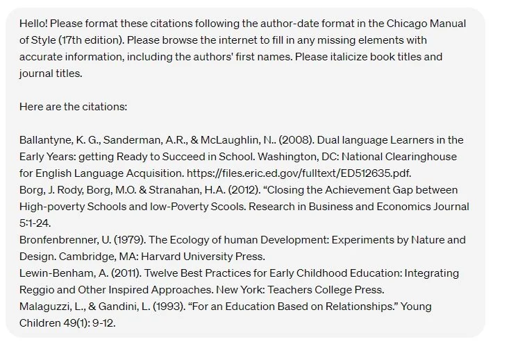 Screenshot of a query to ChatGPT 4o asking it to format five citations to Chicago Manual of Style format