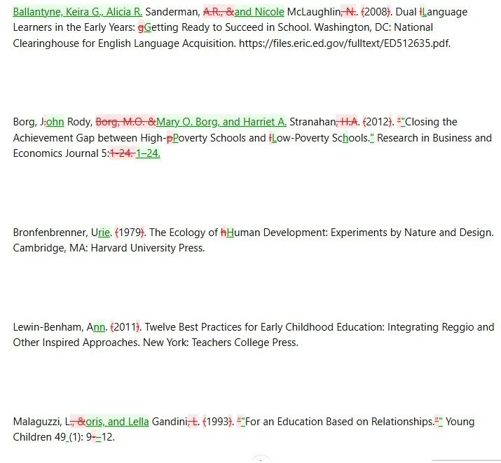 Screenshot of a set of five references in author-date style (CMOS) with tracked changes visible. Edits include corrections to punctuation, capitalization, and author names. The red strikethroughs and green insertions highlight revisions.