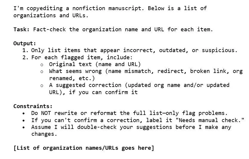 Screenshot of a prompt instructing AI to fact-check organization names and URLs and flag only suspicious or incorrect items.