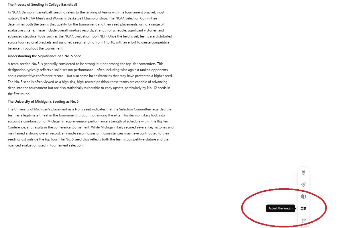 Screenshot showing Canvas’s editing toolbar with “Adjust the length” feature highlighted for changing text length in a response.