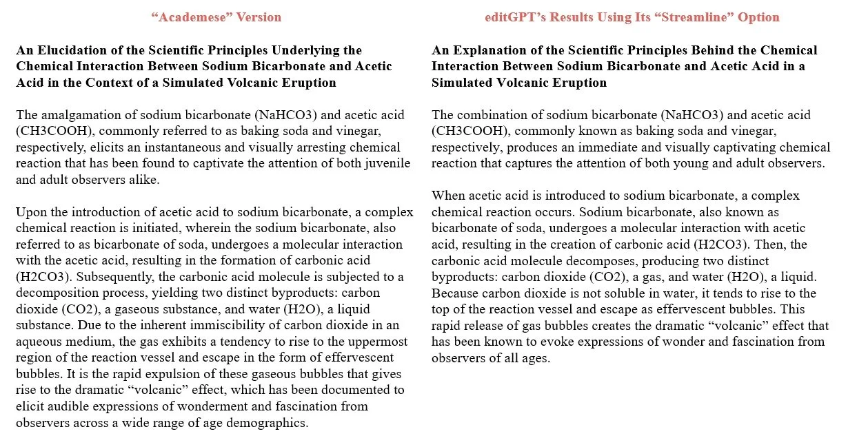 Chart with very academic-style text describing the science behind the baking soda/vinegar "volcano" with a simplified version of text by editGPT