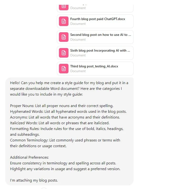 Screenshot of a ChatGPT conversation. The user requests help in creating a style guide for their blog and wants it in a Word document. The user lists specific categories for the style guide, including proper nouns, hyphenated words, and acronyms.