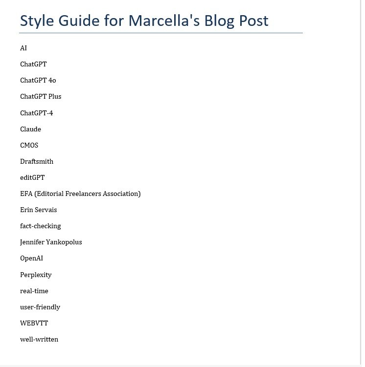 Screenshot of the final style guide for Marcella's blog post. It includes alphabetized proper nouns, acronyms, and hyphenated words.