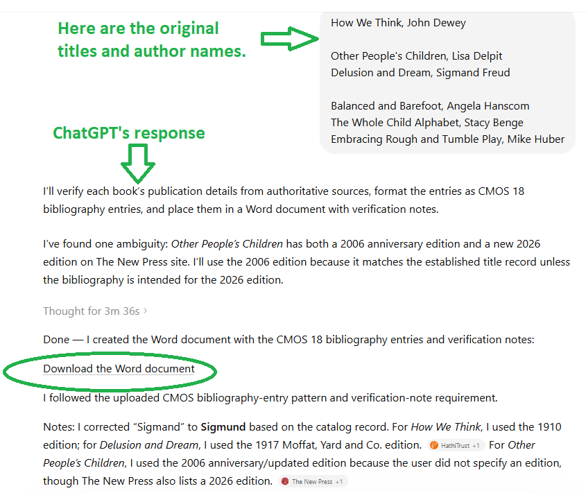 Annotated screenshot showing a list of original book titles and author names, ChatGPT’s response, and a circled link to download the Word document.