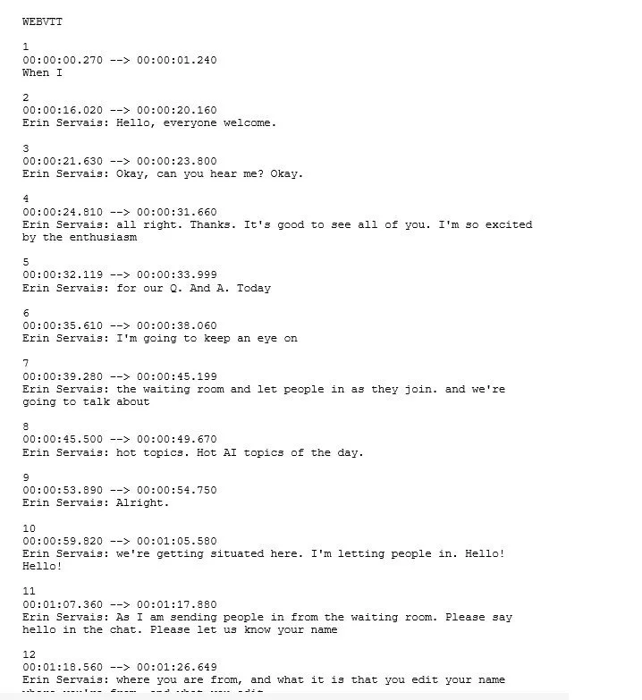 Image of a transcript with sequence numbers, time codes, and arrows.