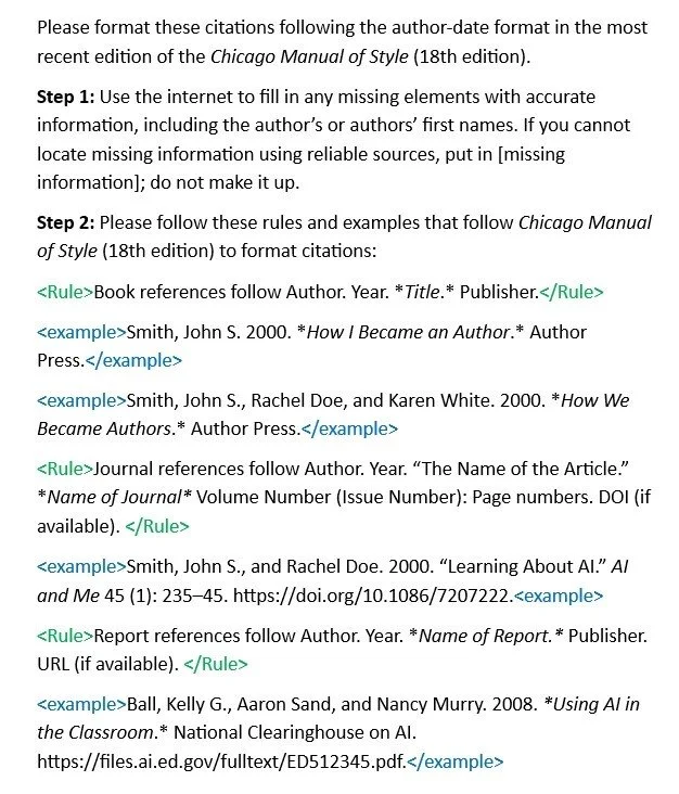 Editing prompt screenshot with step-by-step CMOS 18 citation rules, examples, and instructions for missing data.