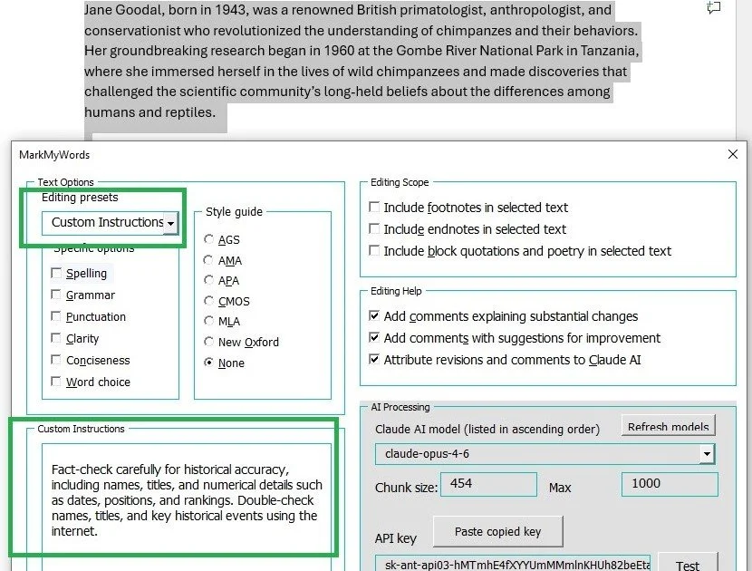 MarkMyWords custom instructions for fact-checking historical details with Claude AI.