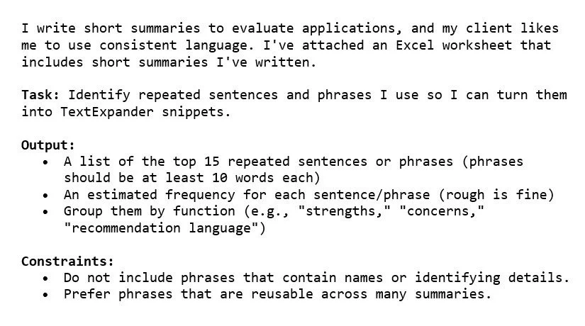 Screenshot of a prompt asking AI to find repeated sentences in an Excel sheet and group them into reusable TextExpander snippets.