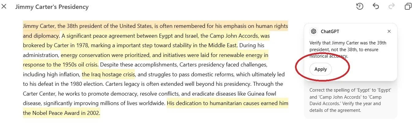 Screenshot of text about Jimmy Carter with errors highlighted. ChatGPT's comment on correcting 38th to 39th is on the right with a red circle around "Apply."