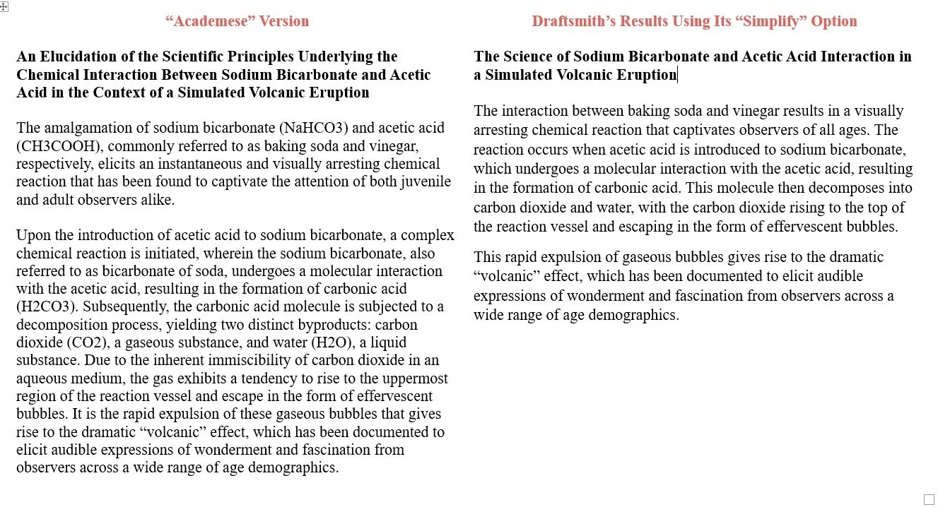 Chart with very academic-style text describing the science behind the baking soda/vinegar "volcano" with a simplified version of text by Draftsmith