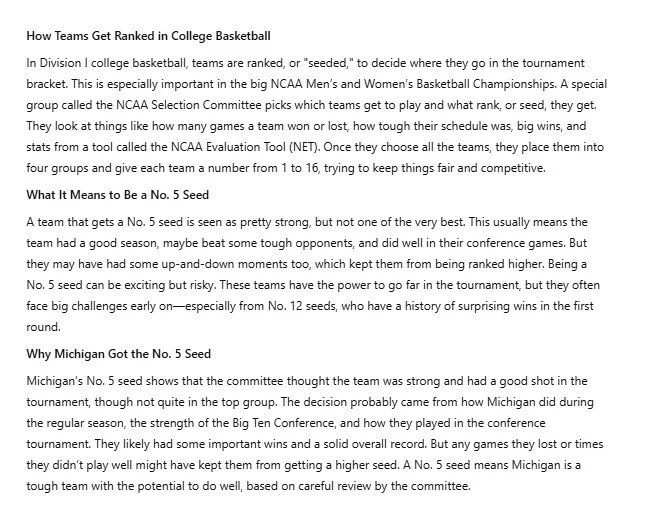 Rewritten college basketball seeding explanation in simplified language for a middle school reading level, covering seeding process and Michigan’s No. 5 seed.