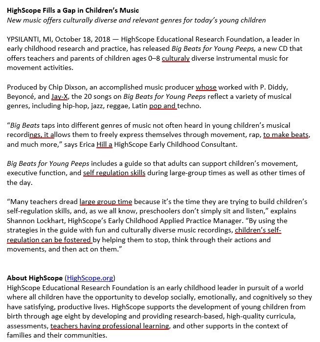 HighScope press release about a children's music CD with the planted errors underlined in red.