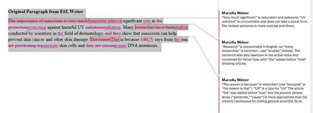 MarkMyWords edits an ESL paragraph with tracked changes and explanatory comments.
