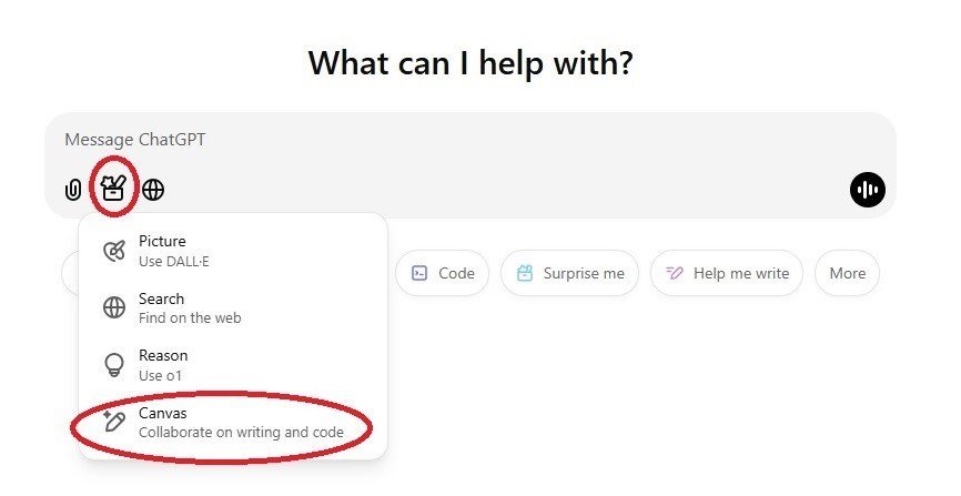 Screenshot of ChatGPT’s menu with ‘Canvas’ circled in red, demonstrating the feature for collaborative writing and coding.