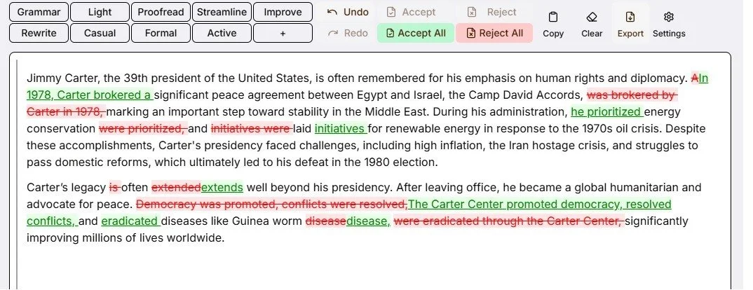 Screenshot of an edited paragraph with tracked changes, showing text revisions highlighted in red and green. Editing options like Grammar, Formal, and Active are visible in the toolbar.