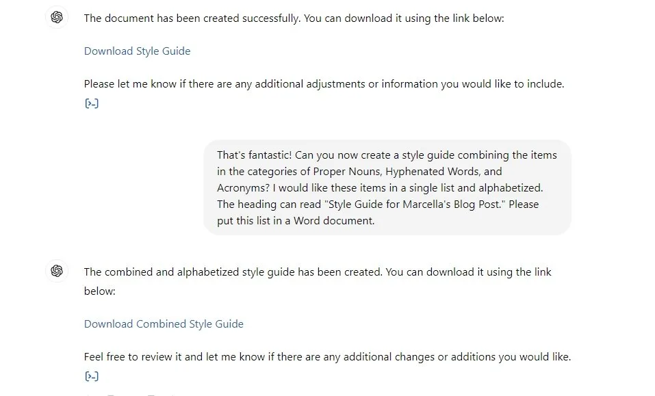 Screenshot of a ChatGPT conversation. The user requests to combine Proper Nouns, Hyphenated Words, and Acronyms into an alphabetized list with the heading "Style Guide for Marcella's Blog Post." ChatGPT creates the document and provides a link.