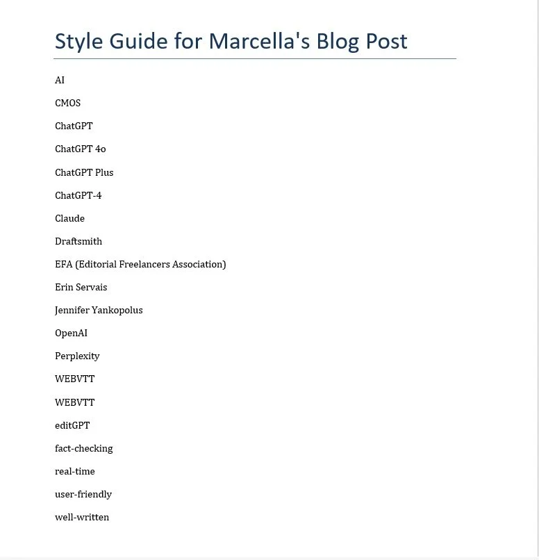 Screenshot of the combined and alphabetized style guide for Marcella's blog post. This list includes all proper nouns, acronyms, and hyphenated words.