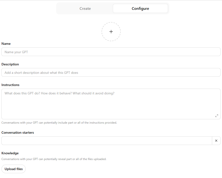 Screenshot of the blank GPT configuration screen with fields for name, description, instructions, conversation starters, and knowledge files.