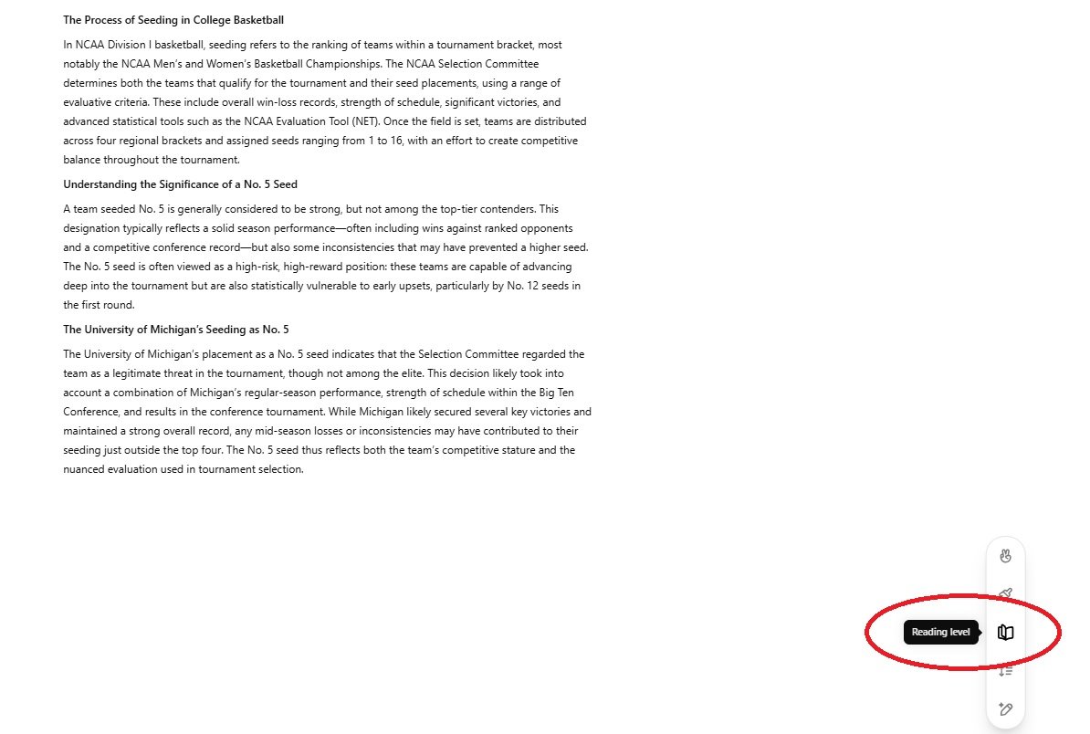 Screenshot of Canvas’s editing toolbar with the “Reading level” feature highlighted, allowing users to simplify or elevate the reading complexity of a response.
