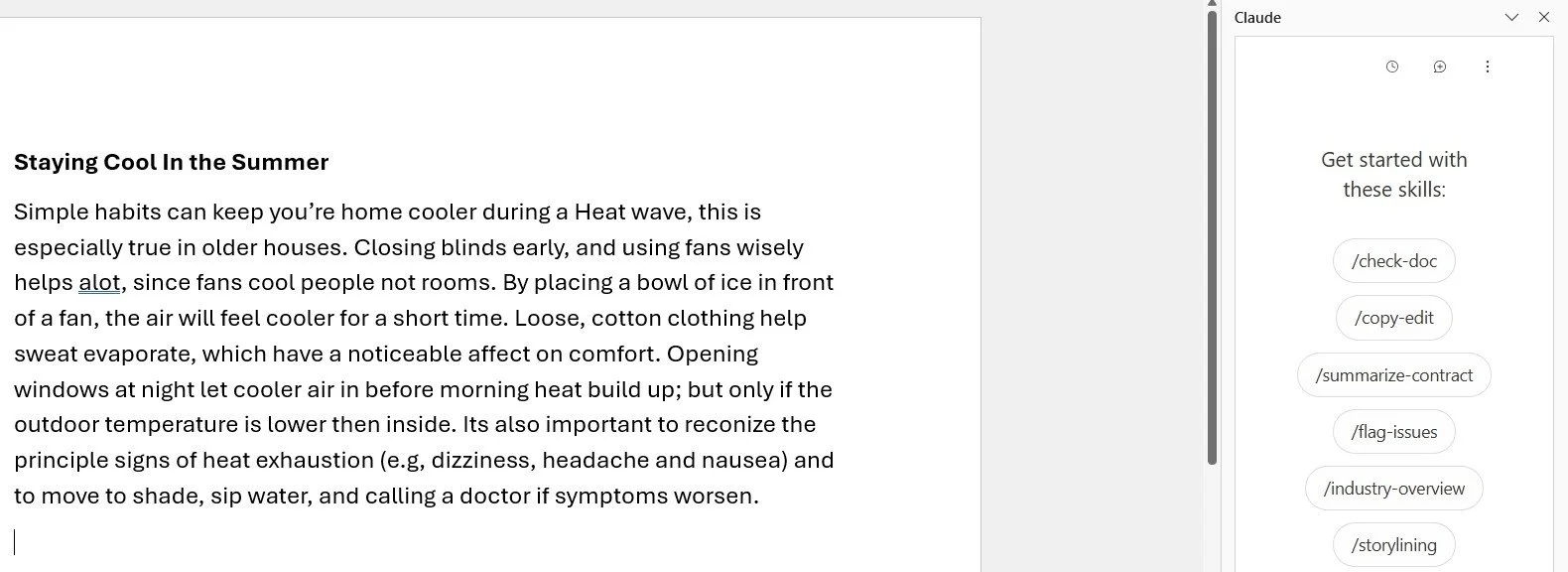 Claude open in Word: Word document with the Claude task pane open beside sample text.