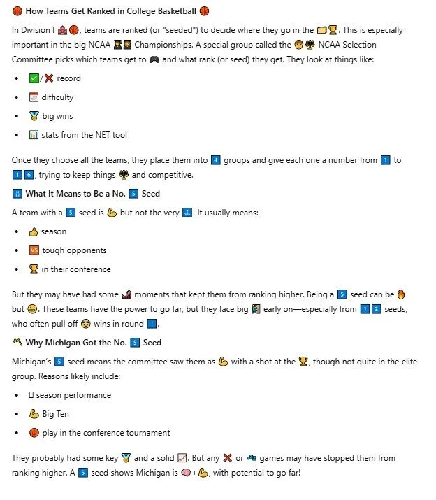 Highly visual version of NCAA basketball seeding explanation using emojis to illustrate seeding logic, No. 5 seed implications, and Michigan’s tournament placement.