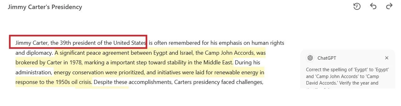 Screenshot of text about Jimmy Carter with a red square box around "Jimmy Carter, the 39th president of the United States."