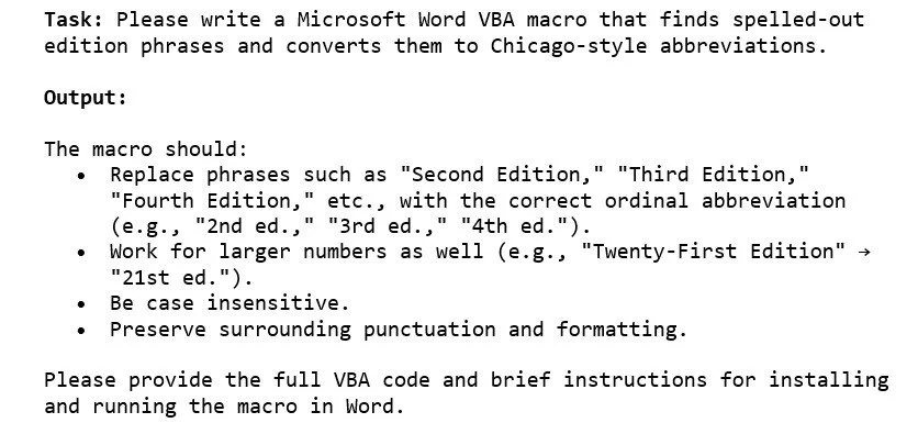 Screenshot of a prompt requesting a Word VBA macro that converts spelled-out edition phrases to Chicago-style abbreviations.