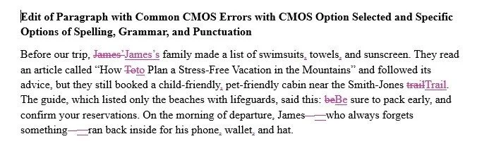 Tracked changes show MarkMyWords correcting CMOS-style spelling, grammar, and punctuation errors.