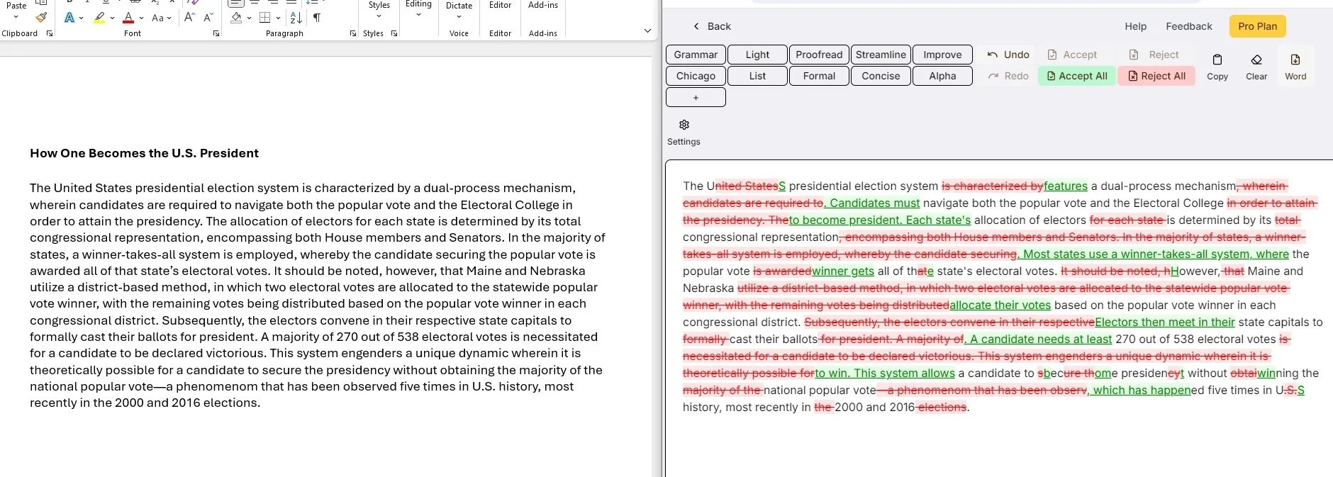 The image displays a text editor interface showing a document titled "How One Becomes a President." On the other side is the edited text in editGPT.