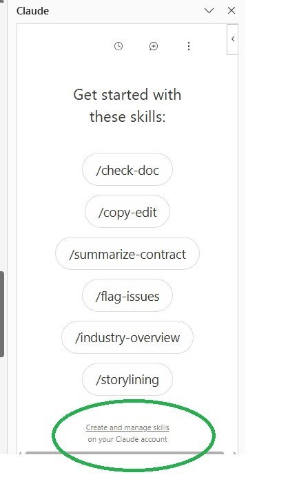 Managing skills: Claude skills pane with the “Create and manage skills” link circled.