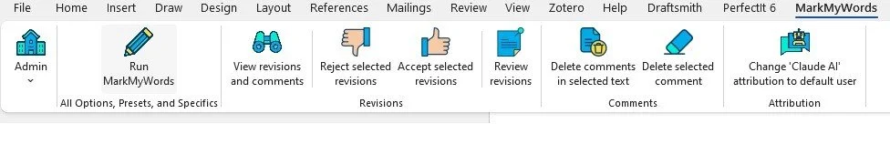 Microsoft Word ribbon showing the MarkMyWords tab and AI editing tools.