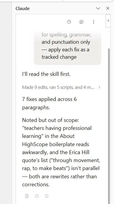 Claude for Word side pane reporting seven fixes across six paragraphs and noting two issues it identified but left alone as out of scope.