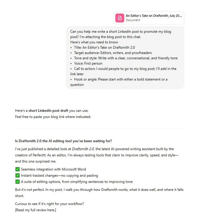 Screenshot of a ChatGPT conversation. The user requests a LinkedIn post to promote a blog on Draftsmith 2.0. ChatGPT replies with a short post featuring a bolded question, a brief review, green checkmarks for features, and a call to read the review.