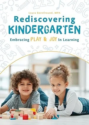 Two young children smiling and playing with blocks beneath the title about play and joy in learning.