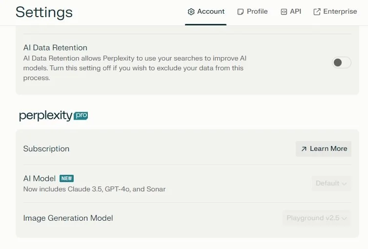 Screenshot of Settings panel in Perplexity showing how to turn off using your data for training purposes