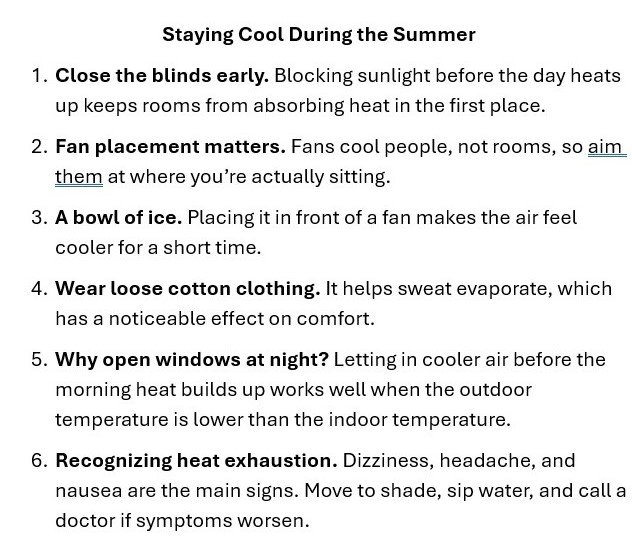 Unparallel list: Numbered list about staying cool with inconsistently structured headings.