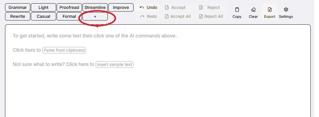 Screenshot of a text editing interface showing various options like Grammar, Light, Proofread, Streamline, and Improve. A "+" button for adding prompts is circled in red.