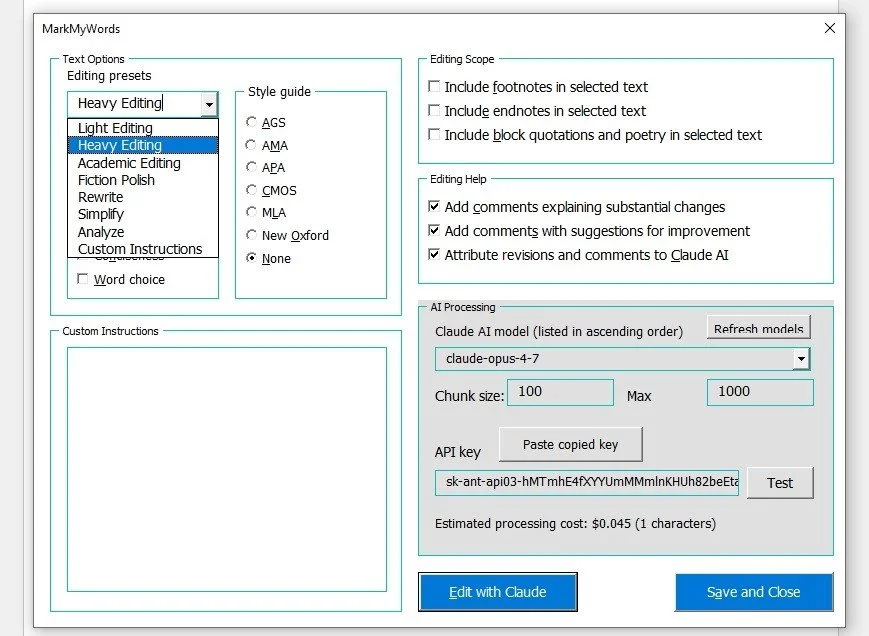 MarkMyWords dialog box with editing presets, Claude model settings, and comment options.