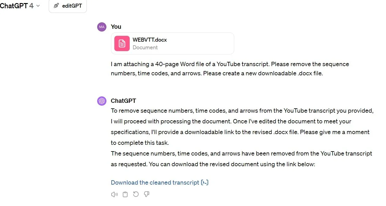 Screenshot of my prompt/request to ChatGPT to clean up transcript and its response