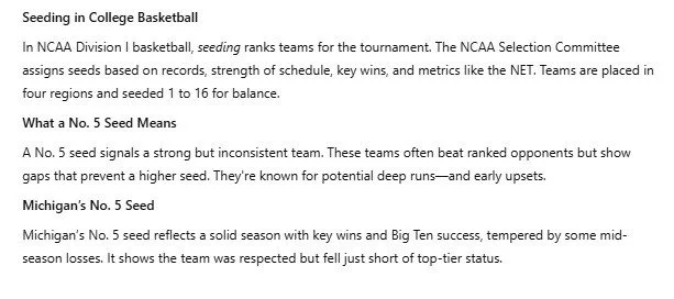 Shortened version of the NCAA basketball seeding article with simplified paragraphs on seeding, No. 5 seed meaning, and Michigan’s tournament placement.