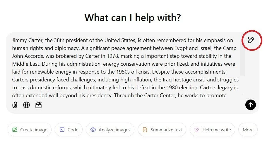 Screenshot of Jimmy Carter text in ChatGPT with the pencil icon (for Canvas) circled in red