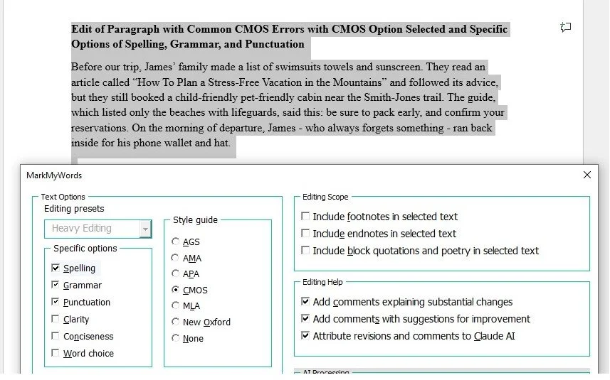 MarkMyWords settings with CMOS selected and spelling, grammar, and punctuation checked.