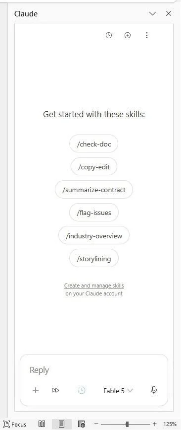 Skills bar: Claude task pane listing six available skills and a reply box.