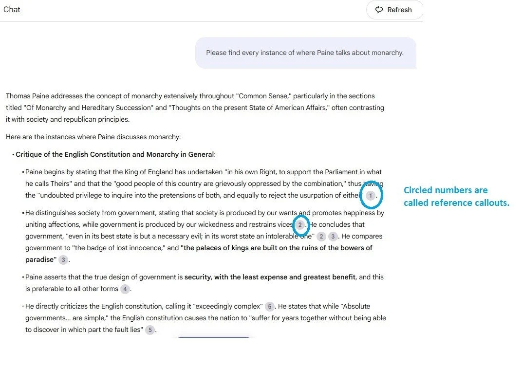 Screenshot of a NotebookLM response identifying where Thomas Paine discusses monarchy. The response includes bulleted points with blue circled numbers (‘①’, ‘②’, ‘③’) indicating references. A label notes these are “reference callouts.”