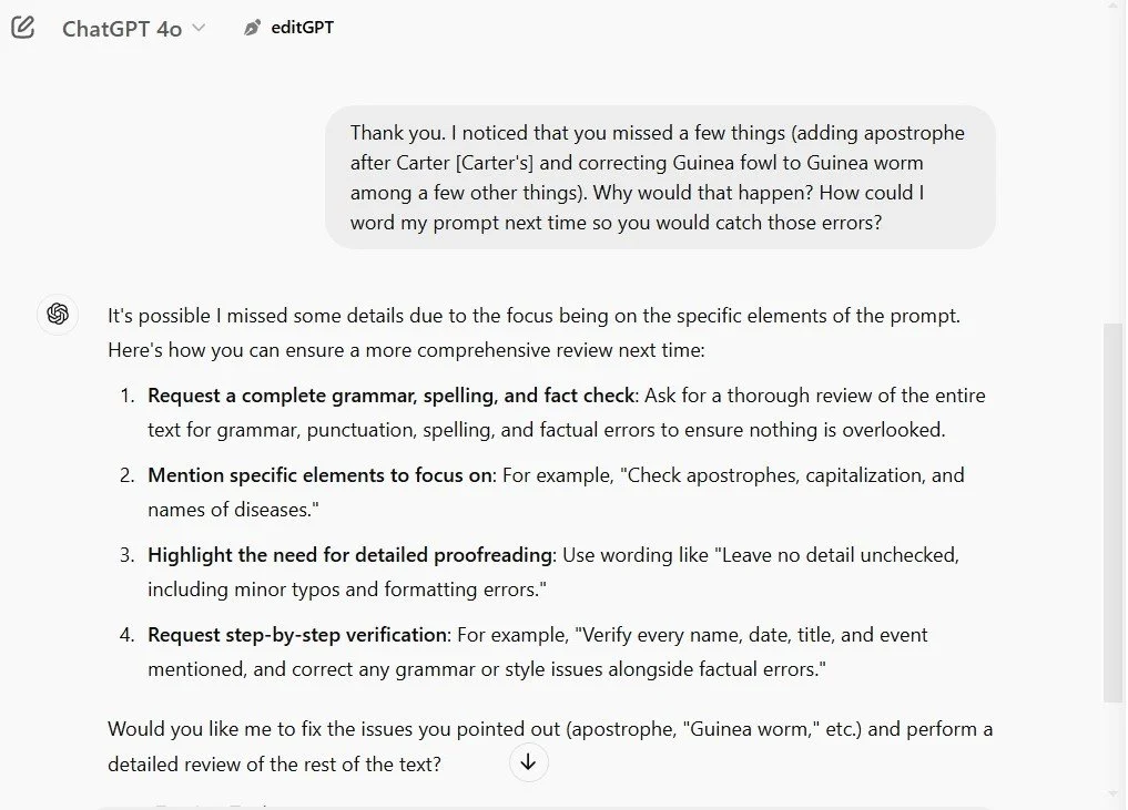 Screenshot of suggestions from ChatGPT on how to revise prompt to catch errors.