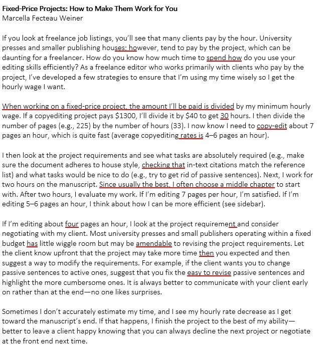 Article on fixed-price projects for freelance editors with the planted errors underlined in red.