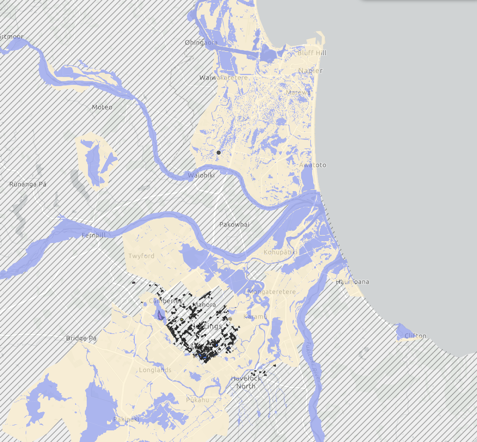 Flood hazard and overland flow map of Hawke’s Bay showing flood-prone areas around Napier, Hastings, Havelock North and surrounding plains