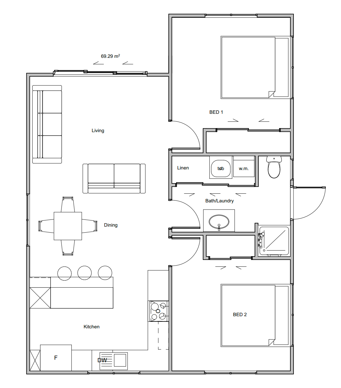Floor plan of a 70m2 granny flat. the maximum size that you can build without building consent.
