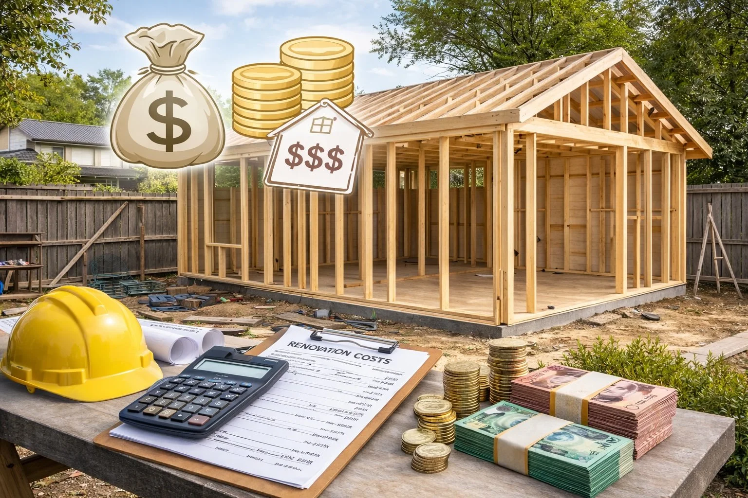 Granny Flat under construction showing money to represent the cost of building a granny flat